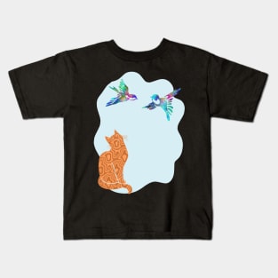 Camouflage Orange Cat Watching Birds Silhouette Art Kids T-Shirt